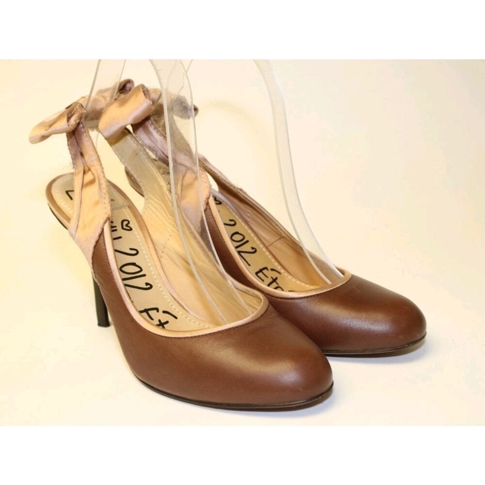Lanvin Italy Made Womens 7.5 39.5 Brown Leather Slingbacks Stiletto Pumps Shoes - Picture 2 of 12